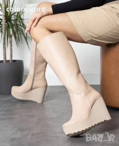 Ботуши на платформа - бежова кожа с бежово ходило - BNP200 , снимка 2 - Дамски ботуши - 34394945