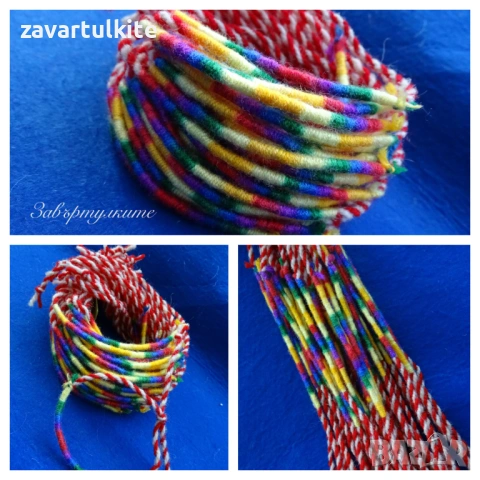 Мартеници за ръка от вълна с шарени конци, снимка 3 - Гривни - 53253791