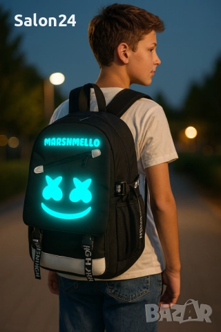 Светеща ученическа раница Marshmello с USB и AUX преходници