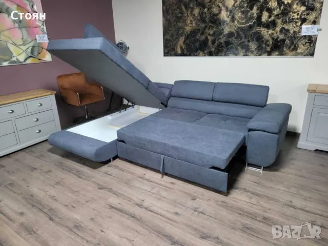Сив ъглов диван от плат с фунция сън и ракла, снимка 6 - Дивани и мека мебел - 49329274