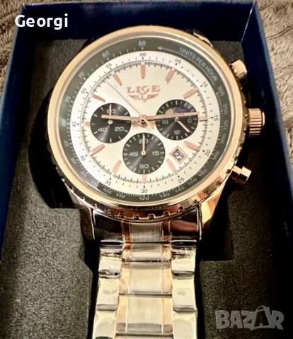 Мъжки класически, луксозен хронограф LIGE *Елегант* Аристократично златист металик !, снимка 6 - Мъжки - 49621415