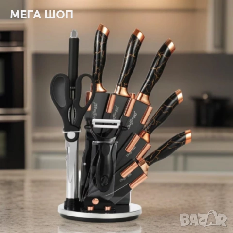 Комплект уреди за рязане Cheffinger – 9 части с мраморно покритие, стойка, точило и белачка, снимка 2 - Други - 53928708
