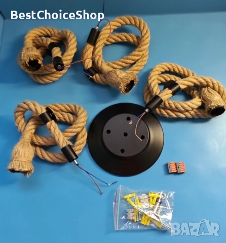 винтидж пендел от конопено въже, висящ полилей с 4 гнезда, снимка 2 - Полилеи - 53929599