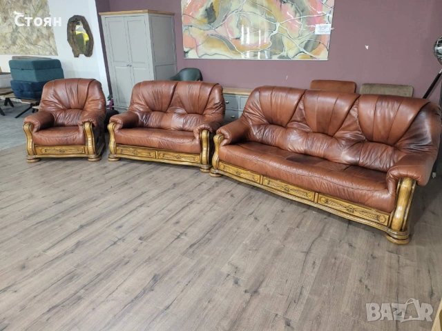 Кафяв комплект дивани тройка,двойка и фотьойл от естествена кожа и дъб, снимка 10 - Дивани и мека мебел - 53754113