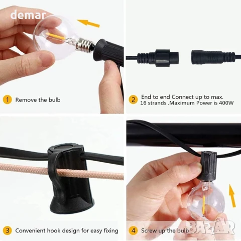 Yuucio Външни гирлянди, 7.6M/2700K LED гирлянди с 12+1 нечупливи G40 винтидж крушки, водоустойчиви, снимка 7 - Лед осветление - 50948954