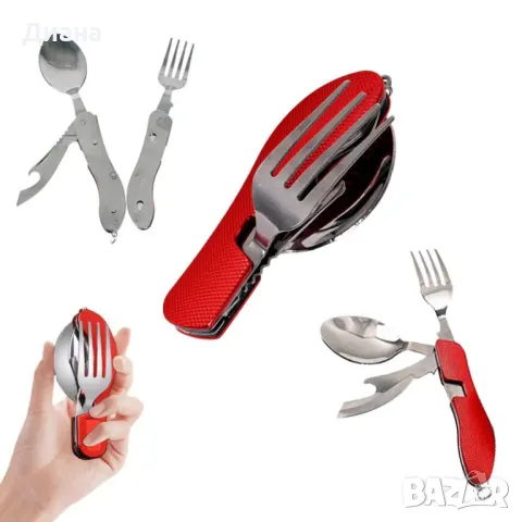 Туристически сгъваеми прибори за хранене 4в1 за туризъм и къмпинг – нож, отварачка, вилица и лъжица, снимка 1