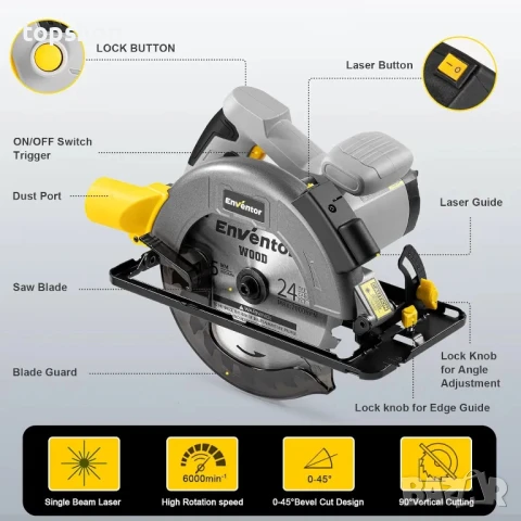 Чисто нов циркуляр ENVENTOR 1400 W, кабелен електрически циркуляр с лазерно управление, 6000 RPM..., снимка 2 - Гедорета - 50555679