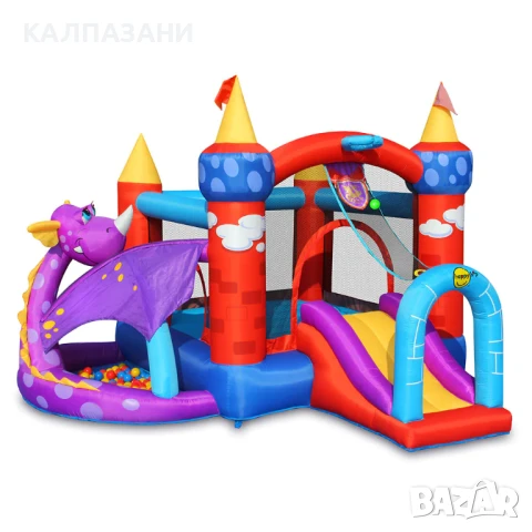 HAPPY HOP Батут замък с дракон, топки и помпа 350x350x245 9022, снимка 8 - Надуваеми играчки - 50446938