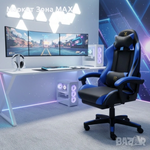 Ергономичен геймърски стол с масажна функция и поставка за крака – черно-син, снимка 7 - Геймърски - 53449194