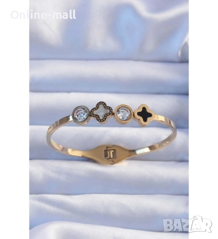 Луксозна гривна с детелини и кристали стил Van Cleef – медицинска стомана, златна, снимка 2 - Гривни - 52424375