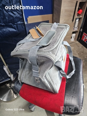 Транспортна чанта за животни, сгъваема, с включена дишаща клетка и купа, светло сива, 44x31x34см, снимка 5 - За кучета - 52856389