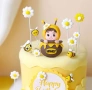 11 броя пластмасови топери пчеличка в каца с мед цветя кошничка декорация торта , снимка 2