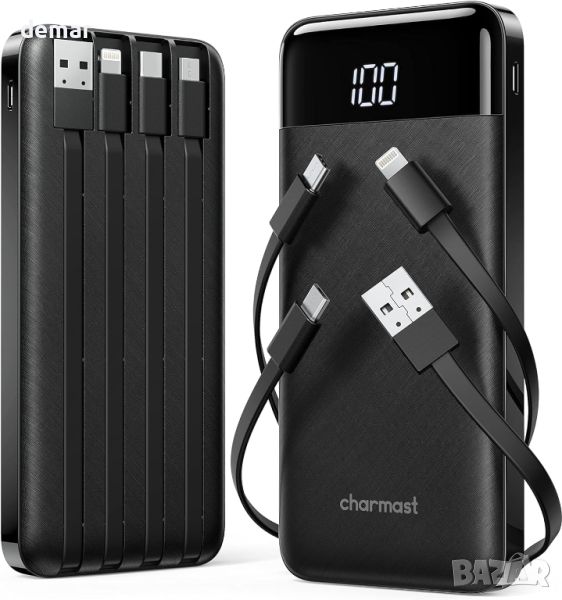 Charmast Power Bank с вградени кабели 2 броя, 10000mAh USB C батерия 6 изхода 3 входа, снимка 1