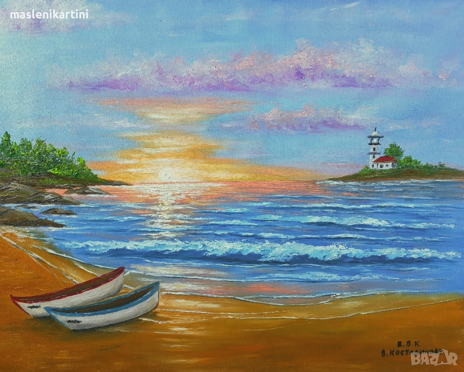 МОРСКИ ПЕЙЗАЖ С ЛОДКИ маслена картина, снимка 1