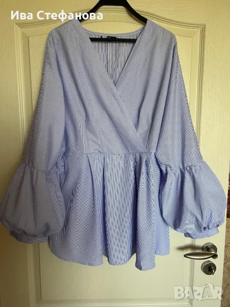 Wow Нова разкошна елегантна  блуза туника  рае синьо бяло буфан ръкав, снимка 1