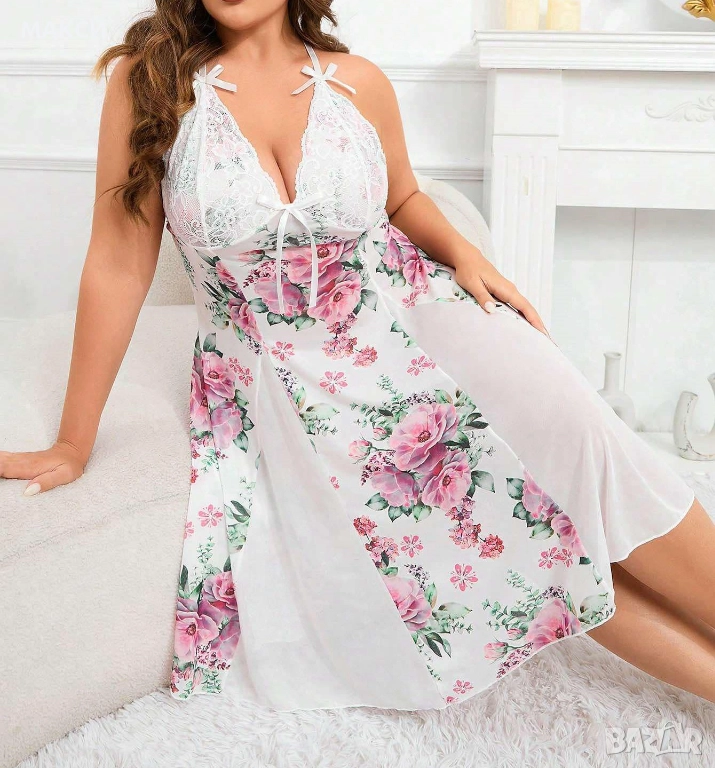 Макси луксозно еластично бельо/клоширана нощница с коригиращи се презрамки и дантела в красив флорал, снимка 1