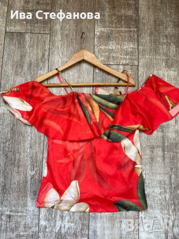 Нова разкошна червена  блуза топ паднали ръкави , снимка 2 - Блузи с дълъг ръкав и пуловери - 45159714