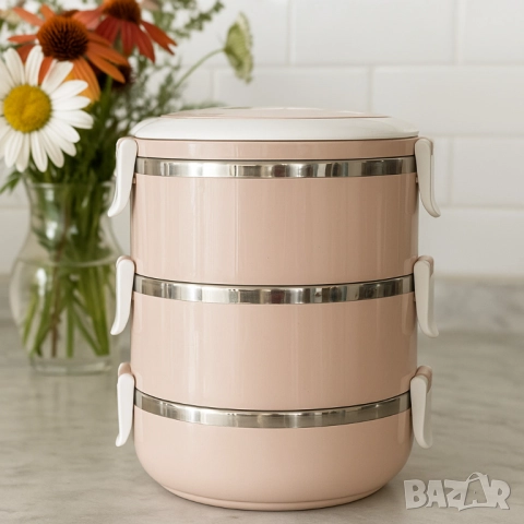 Кутия за храна от неръждаема стомана, 3 слоя, 16,5x20,5см, 2100мл, преносима, със сгъваеми дръжки, снимка 5 - Други стоки за дома - 51887361