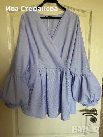 Wow Нова разкошна елегантна  блуза туника  рае синьо бяло буфан ръкав