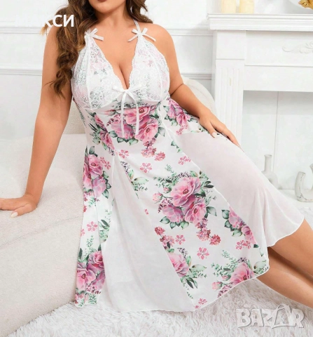Макси луксозно еластично бельо/клоширана нощница с коригиращи се презрамки и дантела в красив флорал