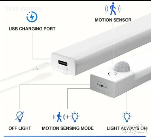 Led лед презареждаща се лампа 50 см гардероб, шкаф, кухня със сензор, снимка 2 - Лед осветление - 52451865