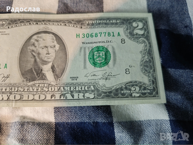 Банкнота Два Долара от1976 Година, снимка 2 - Нумизматика и бонистика - 52644418