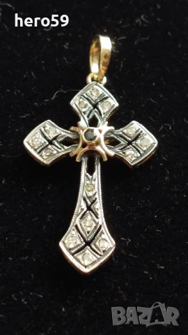 Стар златен 18к кръст с инкрустирани натурални диаманти и сапфир-диамант,злато, снимка 2 - Колиета, медальони, синджири - 51201975
