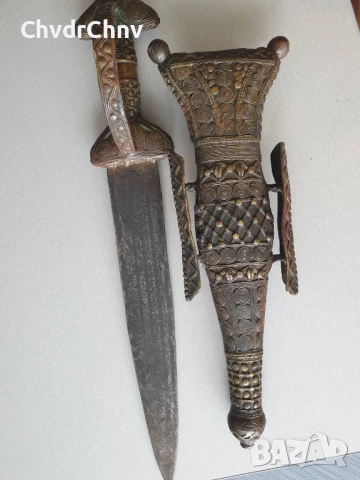 Голям бронзов кинжал-кама с кания/стар африкански ритуален нож 46см, снимка 3 - Антикварни и старинни предмети - 50352286