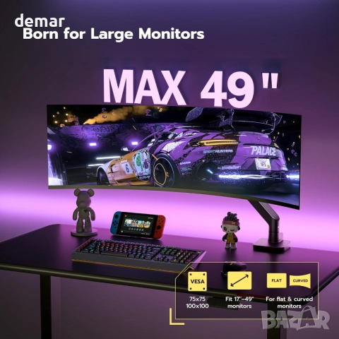 ARES WING Единично рамо за монитор от 17" до 49", черно, до 20 кг, снимка 2 - Монитори - 51687232