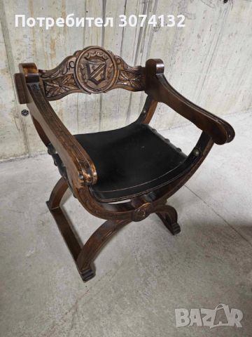 Римско кресло с дърворезба и естествена кожа, снимка 2 - Дивани и мека мебел - 45423954