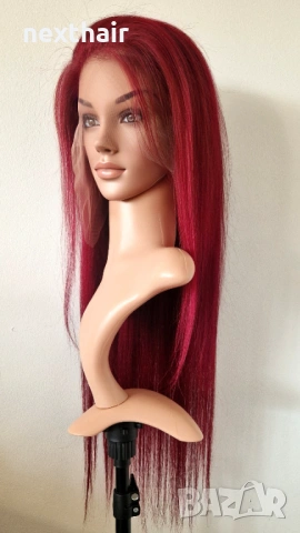 Естествена дантелена перука 80 см - 200% плътност, 13x6 Lace, бургунди тъмно червена права коса, снимка 2 - Аксесоари за коса - 53136225