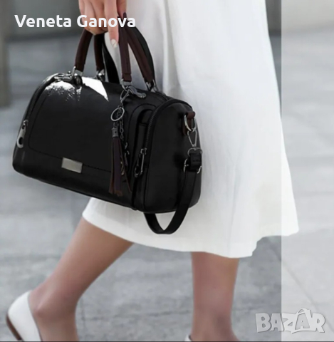 Черна дамска чанта от екокожа с къса и дълга дръжка, снимка 4 - Чанти - 45068372