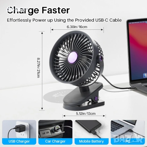 Преносим вентилатор с LED дисплей и здрава щипка, 360°, 5 скорости, сив, снимка 7 - Вентилатори - 53984207