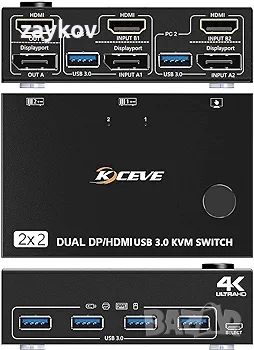 KCEVE DP HDMI USB 3.0 KVM превключвател 2 компютъра 2 монитора, два монитора Displayport KVM, снимка 2 - Друга електроника - 45934977