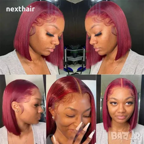 Винено червена бордо естествена перука 35см. с дантела 4x4 лейс фронт, снимка 5 - Аксесоари за коса - 49863908