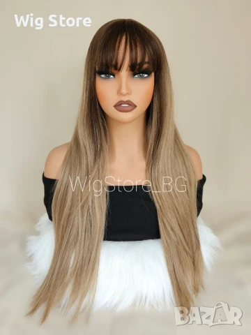 Дълга кестенява омбре перука с бретон