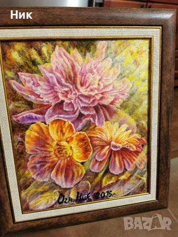 Картина върху платно с маслени бои " Божур " цветя, латинка, хризантема, слънчеви лъчи, живопис 