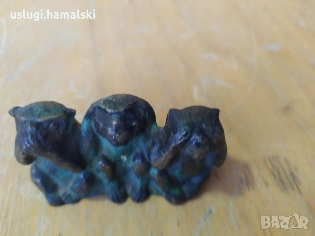 Винтидж бронзова статуетка Трите маймуни, снимка 3 - Антикварни и старинни предмети - 53937359