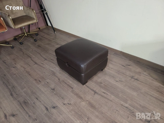 Кафява кожена табуретка с функция ракла, снимка 3 - Дивани и мека мебел - 53739881