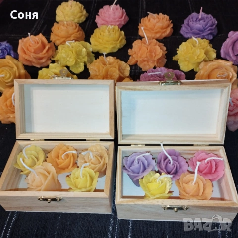 Дървена кутия с  пет ароматни мини рози - свещ, снимка 8 - Подаръци за жени - 53168163