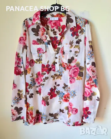 Риза блуза дамска лятна елегантна на цветя бяла оригинал Франция винтидж, снимка 2 - Ризи - 50162213