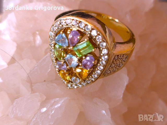 Уникален, сребърен пръстен,позлатен с естествени камъни, снимка 1 - Пръстени - 45871134