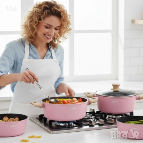 Cheffinger - Розов комплект тенджери, с мраморно покритие, здравословно готвене без залепване, снимка 2 - Съдове за готвене - 52089246