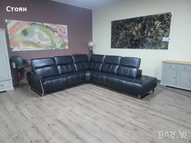 Дизайнерски черен кожен ъглов диван с електрически релакс механизъм, снимка 2 - Дивани и мека мебел - 46474871