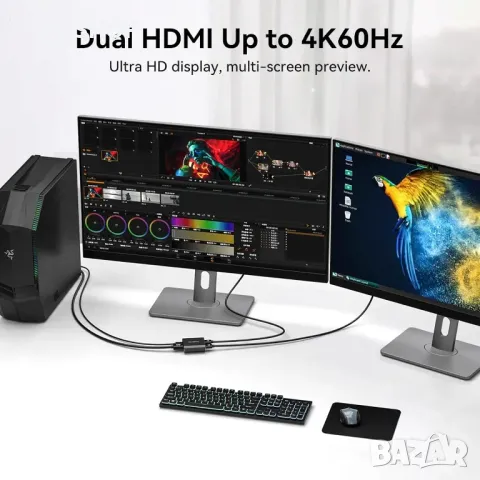 DGYBDFC 4K60Hz Displayport към двоен HDMI адаптер, DP 1.4 към 2х HDMI 2.0, снимка 4 - Кабели и адаптери - 49457596