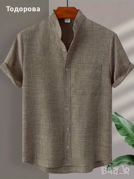 Едноцветна мъжка риза с къс ръкав и яка - голям размер, снимка 1