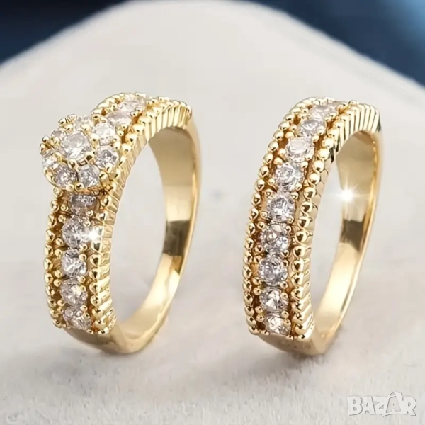 Комплект от 2 бр. дамски пръстени с цветя, кубичен циркон, снимка 1