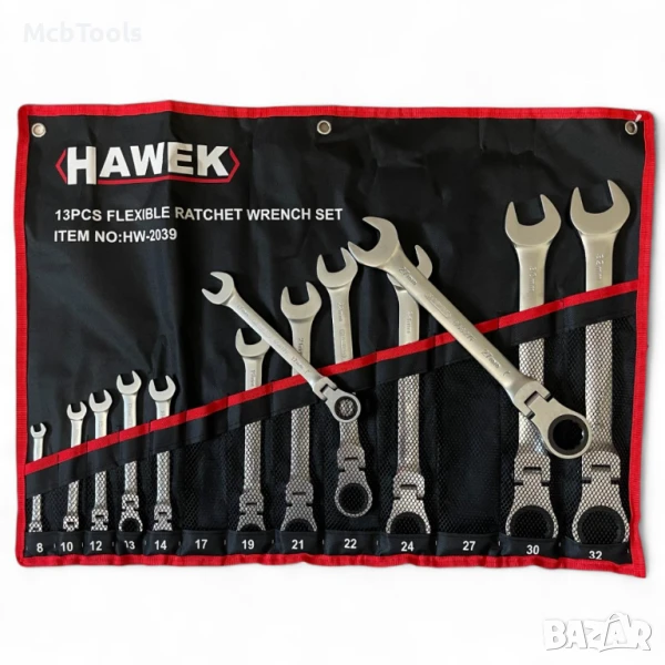 Комплект звездогаечни тресчотни ключове с чупещо рамо 8 – 32 мм 13 части Hawek, снимка 1
