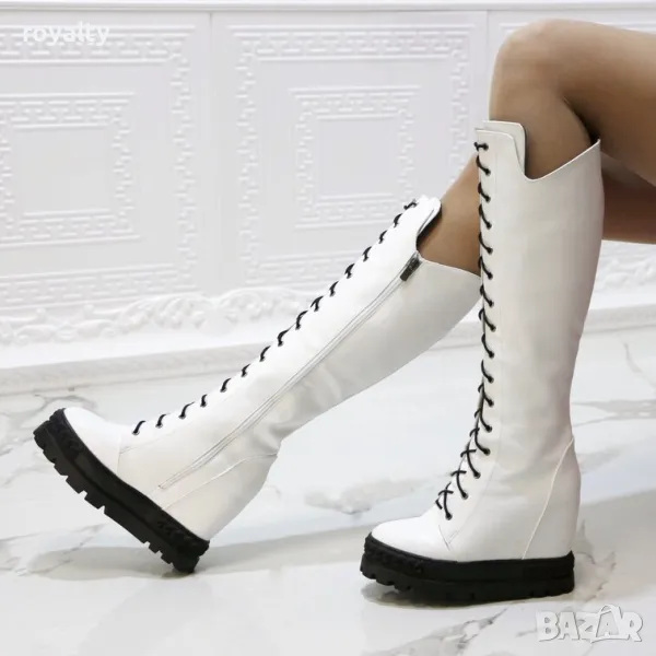 Ботуши на платформа - бяла кожа с черно ходило, снимка 1