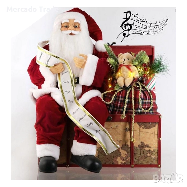 Коледна реалистична фигура на Дядо Коледа в сандък с подаръци, Звук и LED светлини, снимка 1